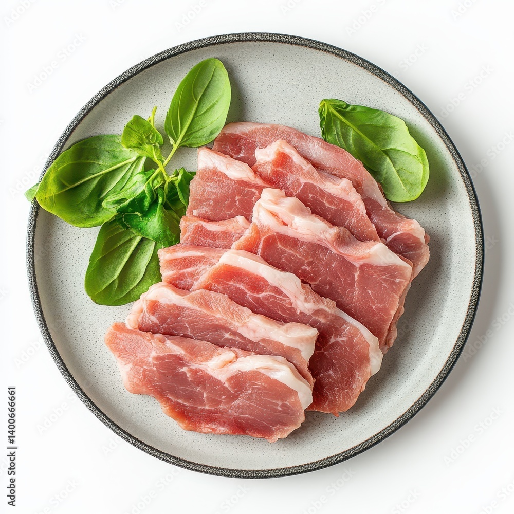Fototapeta premium Pork slices with basil leaves on plate on white background