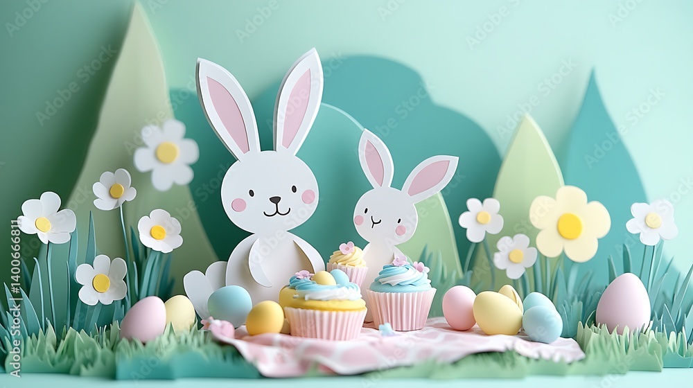 A paper-cut style bunny family having a picnic in a lush spring garden, colorful eggs hidden among flowers, pastel cupcakes on a blanket, blooming trees and gentle hills in the background,