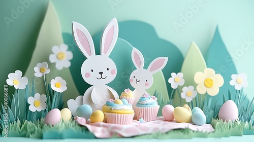 Obraz na płótnie A paper-cut style bunny family having a picnic in a lush spring garden, colorful eggs hidden among flowers, pastel cupcakes on a blanket, blooming trees and gentle hills in the background, w salonie