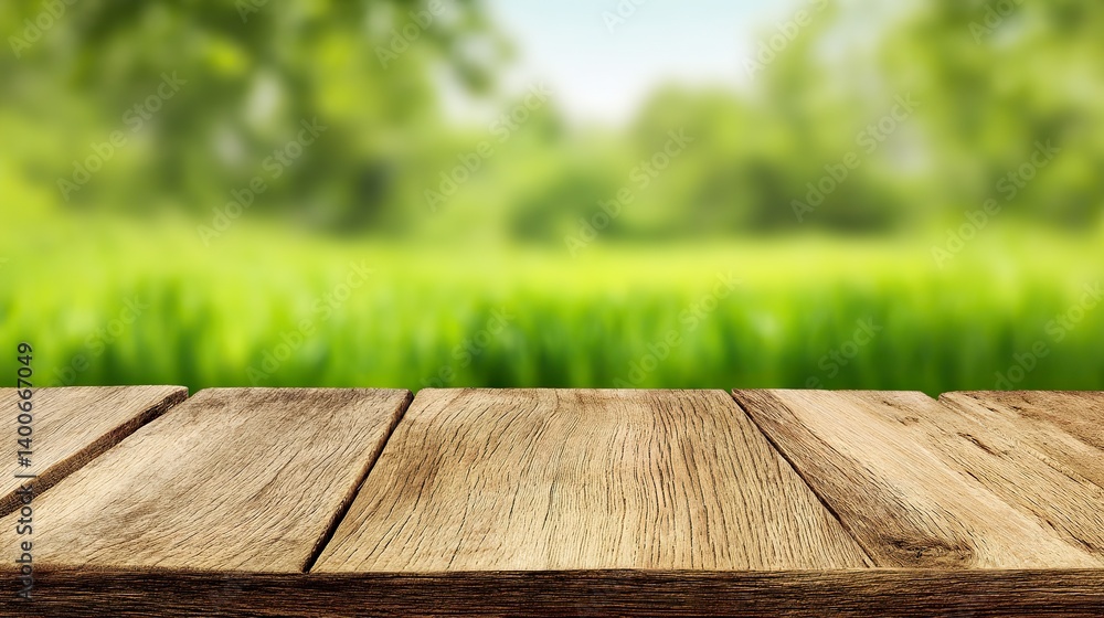 A wooden table, with green grass as a background and featuring blurred nature and sunlight, is suitable for product display or to design your own work as a vector illustration. A wooden table, with green grass as a background and featuring blurred nature and sunlight, is suitable for product display or to design your own work as a vector illustration.