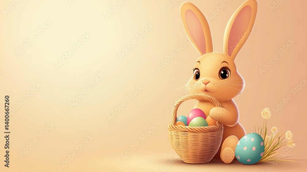 Fototapeta premium Cute Bunny Holding Easter Basket with Colorful Eggs for Holiday Season