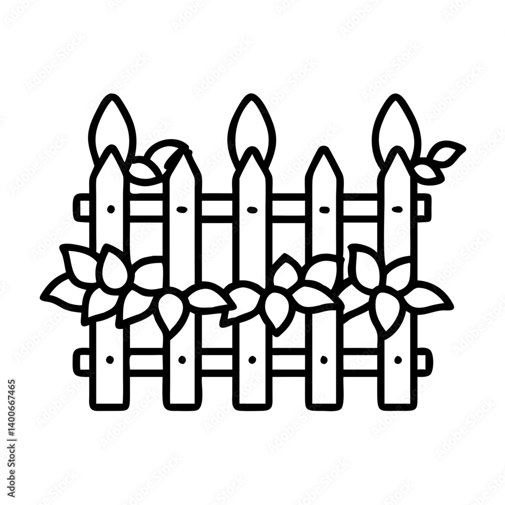 Outline drawing of a picket fence with flowers and leaves for garden or backyard decor ideas