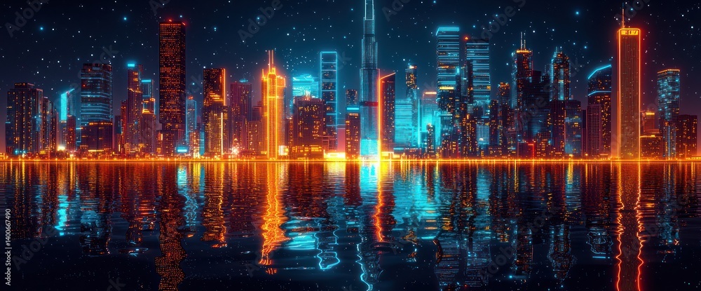 Naklejka premium Futuristic city skyline at night with vibrant neon lights reflected on water