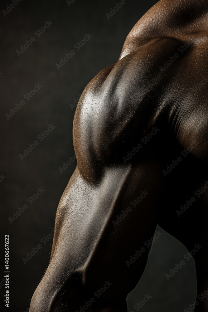 Strong fit man's muscular arm hand close up detail against dark black background. Fitness photography studio shot.