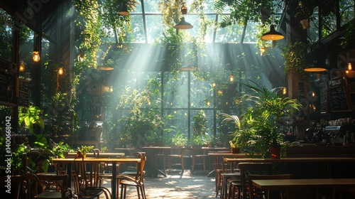 Sunlight streams through lush indoor cafe