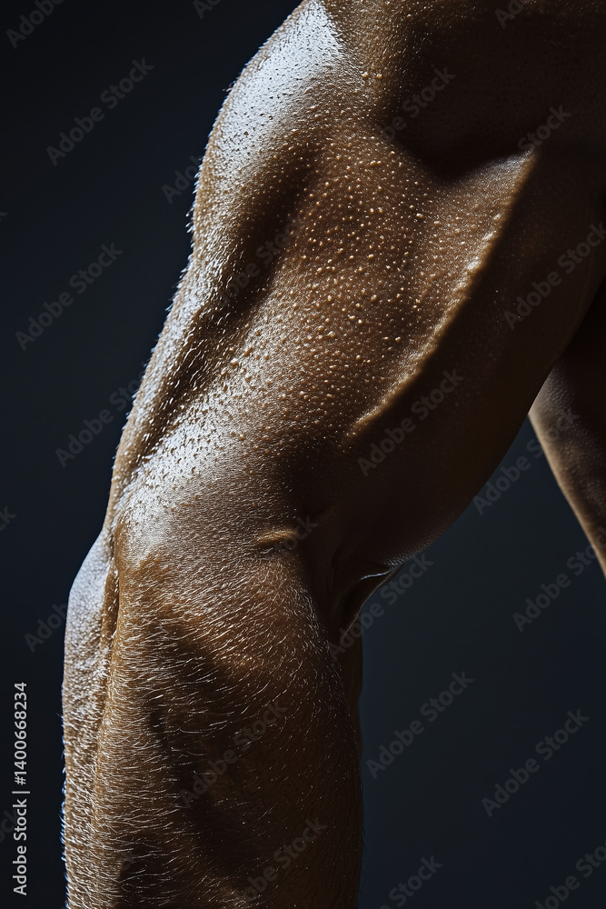 Strong fit man's muscular arm hand close up detail against dark background. Fitness photography studio shot.