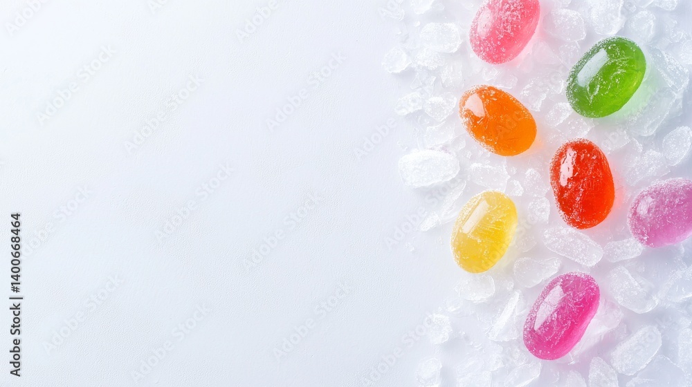 Colorful Jellybeans Partially Frozen in a Bed of Ice Creating a Vibrant and Playful Composition Colorful Jellybeans Partially Frozen in a Bed of Ice Creating a Vibrant and Playful Composition