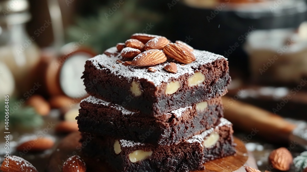 Thick, fudgy brownies with roasted almonds and a dusting of powdered sugar