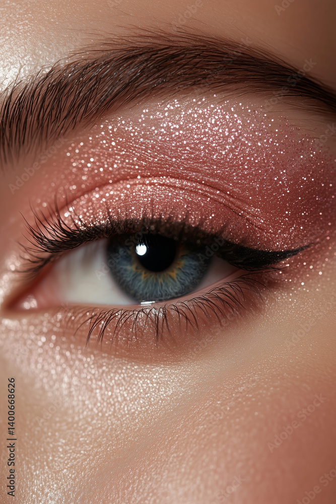 Beauty female woman eye close up macro detail pink glitter eyeshadow makeup look. Cosmetic and skincare concept background.