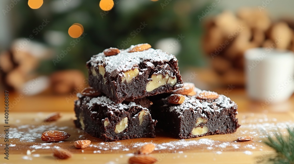 Thick, fudgy brownies with roasted almonds and a dusting of powdered sugar