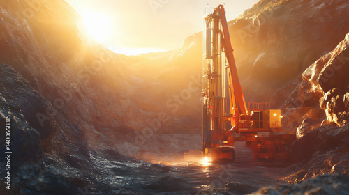 Mining drill pile driver at the mine silhouette. Core land drilling, drilling rig at a mining exploration site in a large excavation or cave deep quarry. Tunnel boring machinery, rock drilling machine