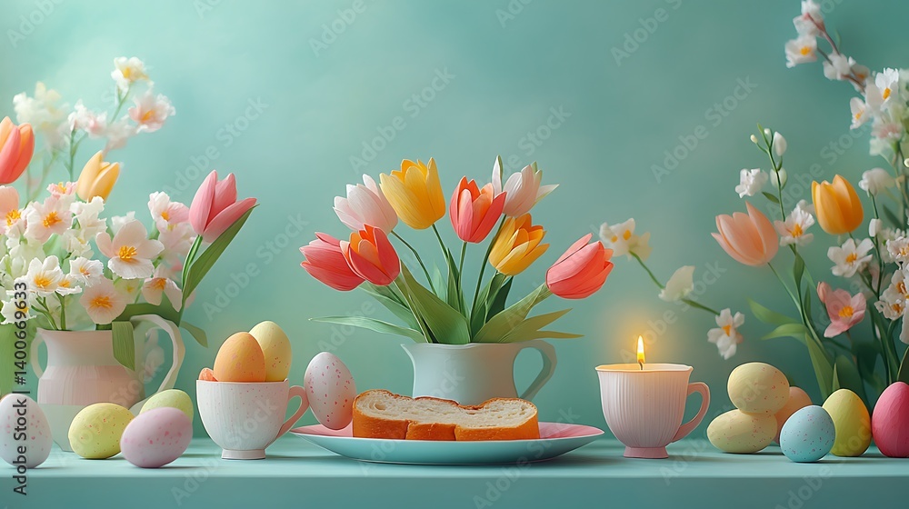 Artistic paper-cut Easter morning breakfast table with layered cups, plates, sliced bread, blooming tulips, hand-painted eggs, and flickering candlelight, all built from pastel-toned textured paper, Artistic paper-cut Easter morning breakfast table with layered cups, plates, sliced bread, blooming tulips, hand-painted eggs, and flickering candlelight, all built from pastel-toned textured paper,