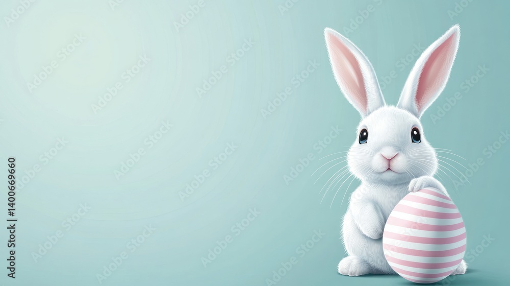 Obraz premium Cute White Easter Bunny Holding Striped Egg on Pastel Background