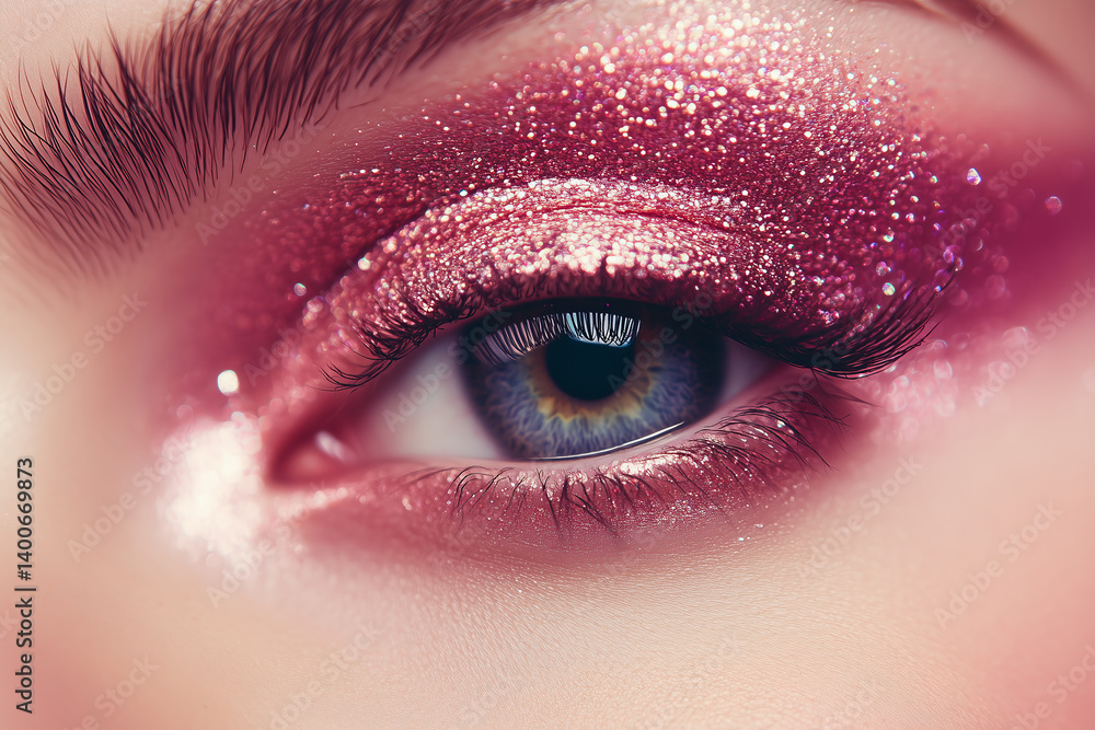 Beauty female woman eye close up macro detail pink glitter eyeshadow makeup look. Cosmetic and skincare concept background.