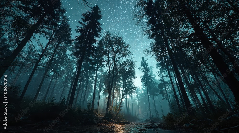 Naklejka premium Majestic pine forest under a star-filled night sky with soft mist and glowing starlight creating a tranquil and enchanting atmosphere