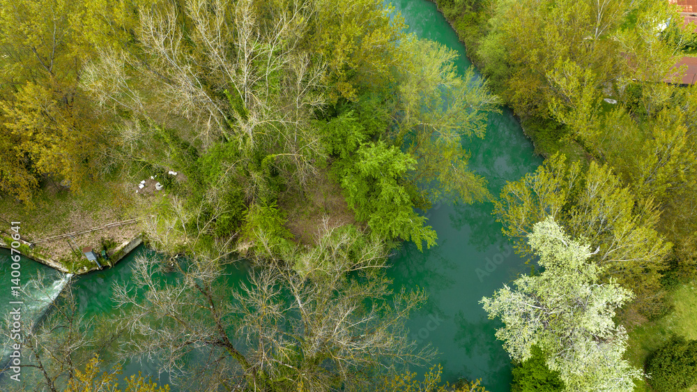 Aerial view of a small river between the forest and green trees.