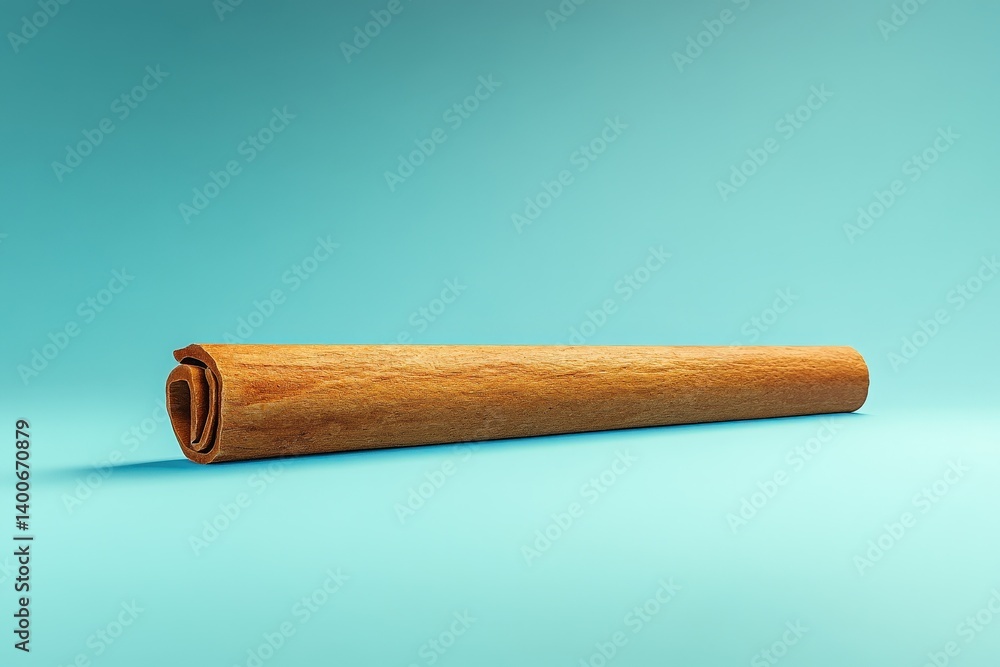 A single cinnamon stick resting on a clear blue background A single cinnamon stick resting on a clear blue background