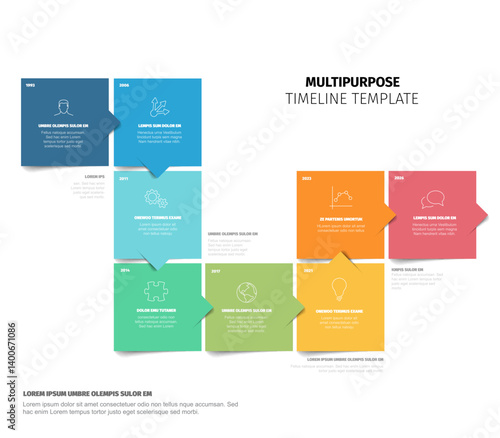 Colorful Multipurpose Timeline Template made from color square content blocks. Simple eight steps time line infogrchart template made from color blocks and sample content