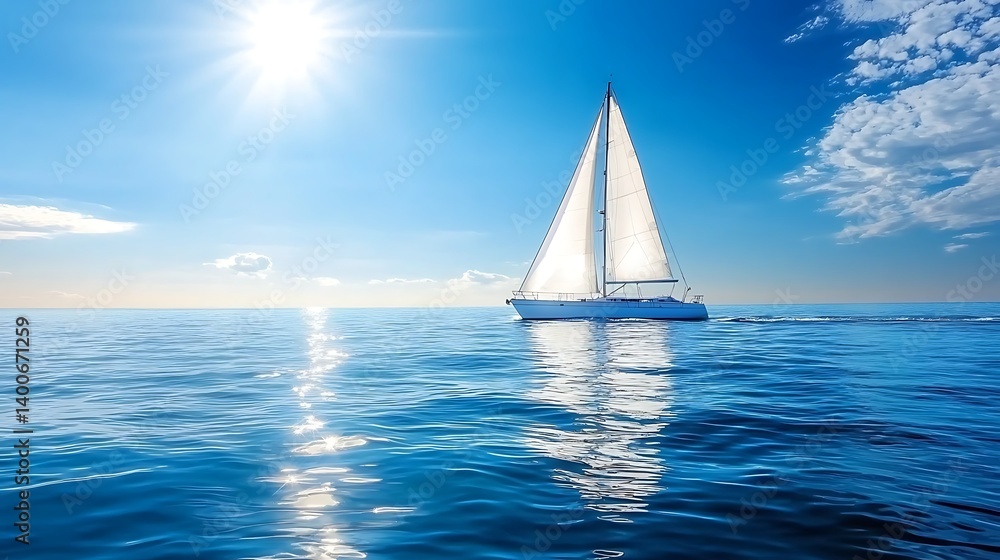 Obraz premium Sailboat on a serene, sun-drenched ocean. Vast expanse of blue water, vibrant white sail, and brilliant sunshine