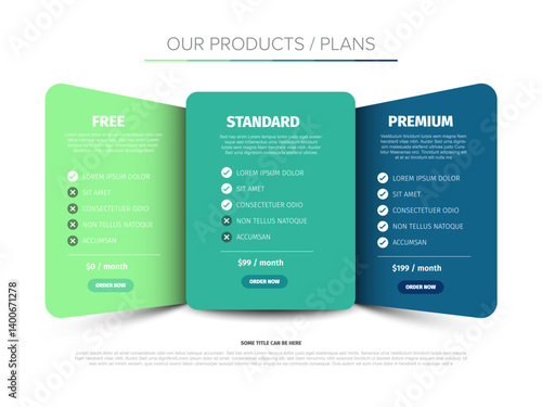 A clean and modern pricing plan comparison chart showcasing Free, Standard, and Premium packages. Each plan includes pricing details, features, and an order button.