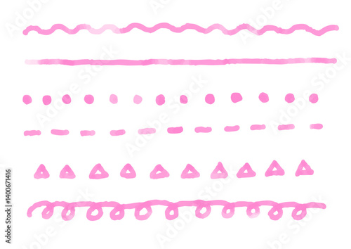 水彩　手描きラインのセット　ピンク