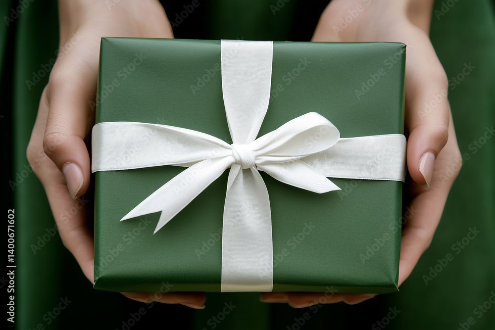 Woman hands holds birthday present wrapped in green wrapping paper. Greeting card and celebration concept background.