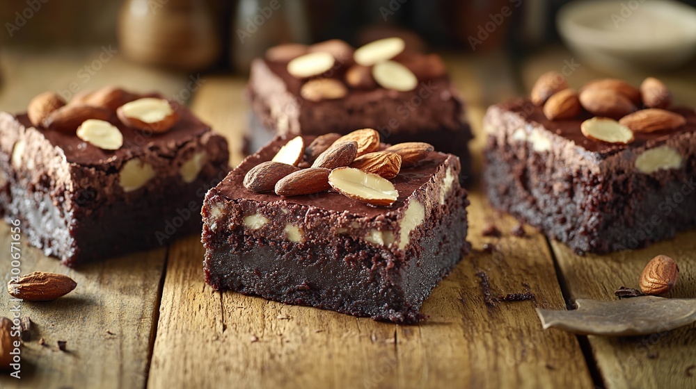 Thick, fudgy brownies with roasted almonds and a dusting of powdered sugar