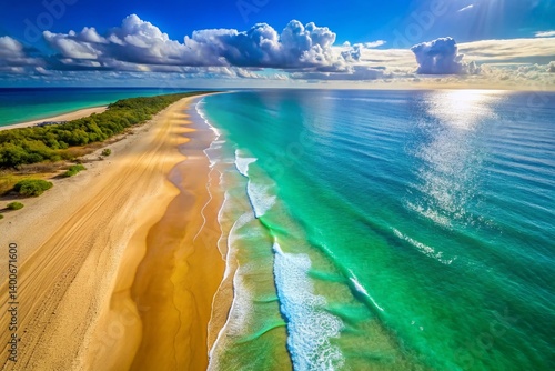 Aerial View: Vast Golden Beach at Daytime, Stunning Coastal Landscape