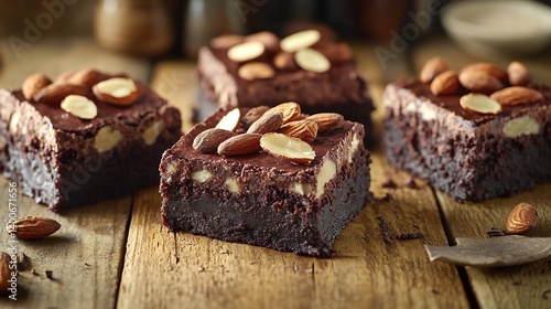 Obraz na płótnie Thick, fudgy brownies with roasted almonds and a dusting of powdered sugar w salonie