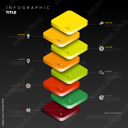 A vibrant 3D infographic features stacked colored green and red layers with descriptive text and icons. The design is visually appealing and ideal for showcasing hierarchical or process data