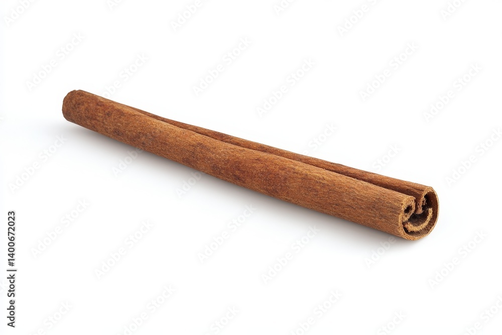 Single cinnamon stick resting diagonally on a white background Single cinnamon stick resting diagonally on a white background