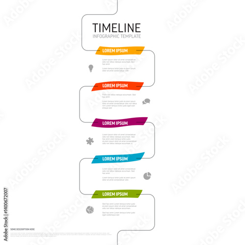 A vertical timeline infographic template with five vibrant sections in orange, red, purple, blue, and green. Each section includes a title, placeholder text, and icons for clarity.