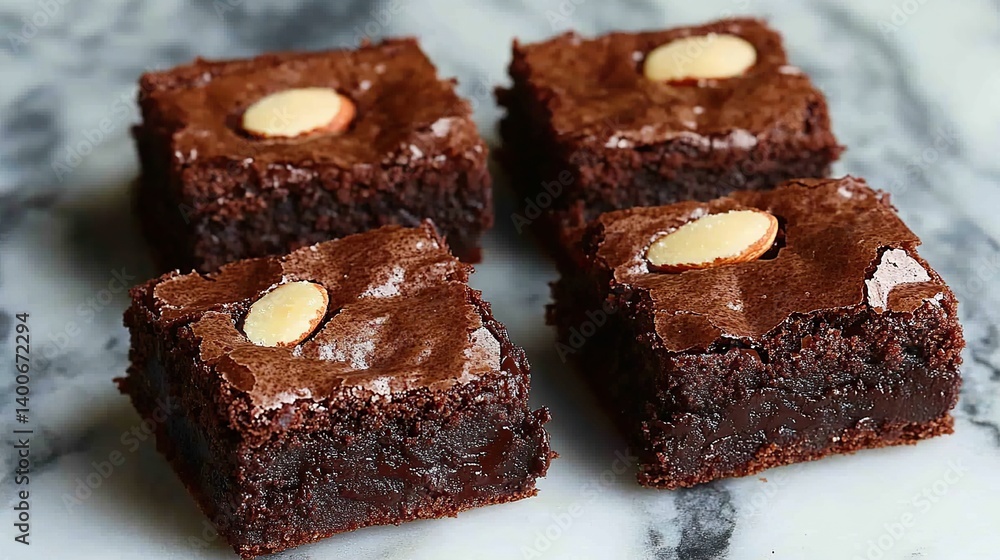 Thick, fudgy brownies with roasted almonds and a dusting of powdered sugar