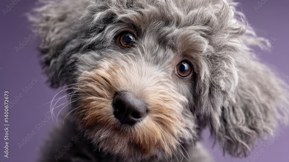 Adorable gray poodle dog close-up with curly fur and big round eyes on purple background ideal for pet care branding and emotional social media content
Adorable gray poodle dog close-up with curly fur and big round eyes on purple background ideal for pet care branding and emotional social media content