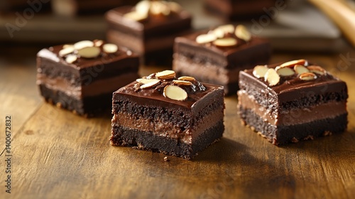 Obraz na płótnie Thick, fudgy brownies with roasted almonds and a dusting of powdered sugar w salonie