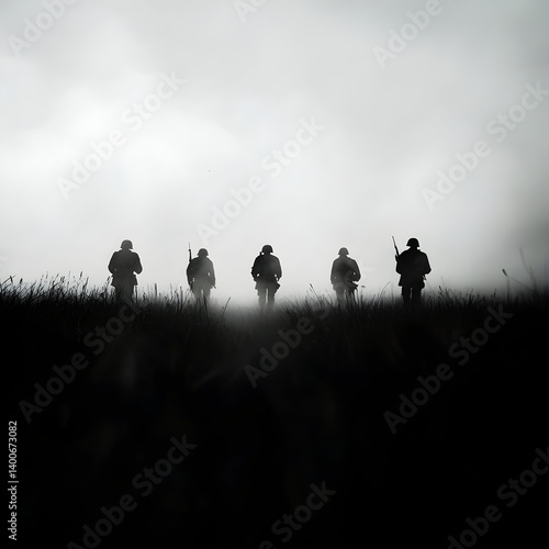 A mysterious fog rolling in over an old battlefield, with the faint outlines of forgotten soldiers’ silhouettes.

