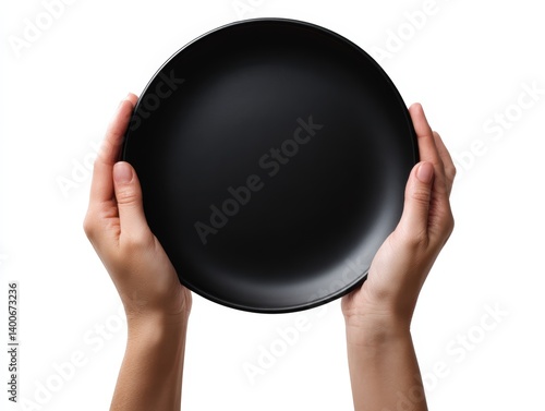A minimalist image showcasing the graceful embrace of hands around a sleek, black plate, exuding sophistication and a modern aesthetic.