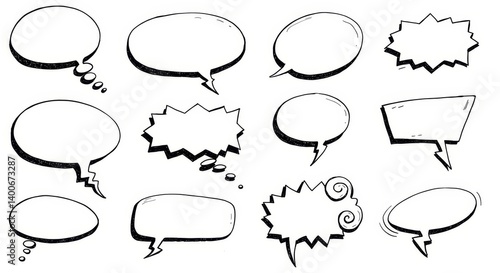 Diverse Hand-Drawn Speech Bubbles for Communication - A collection of unique hand-drawn speech bubbles perfect for adding visual interest and facilitating communication in illustrations and designs. S