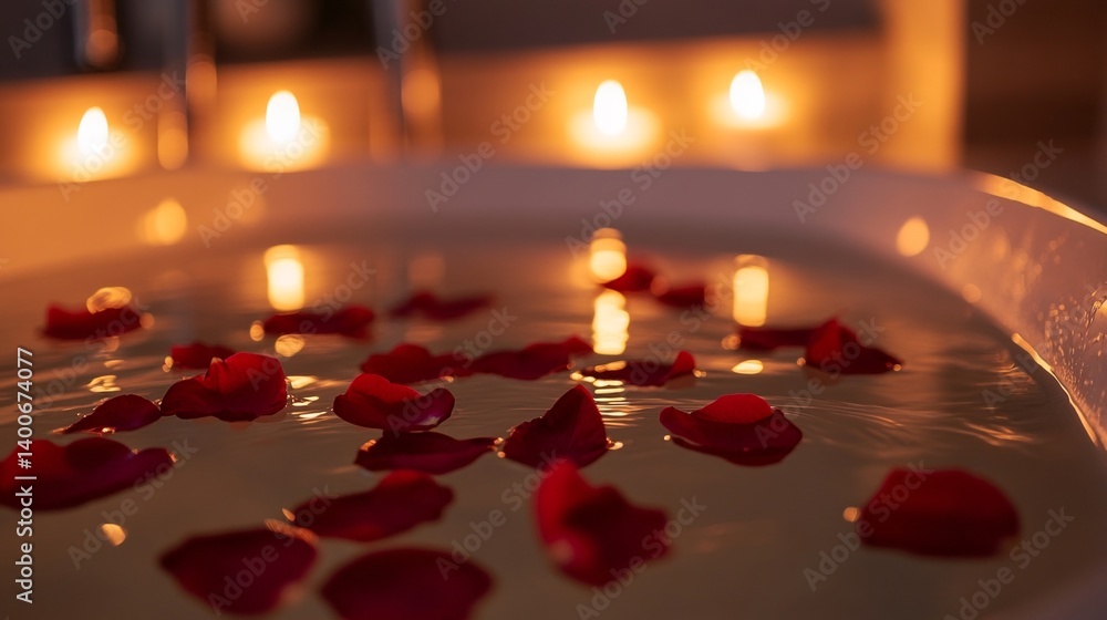 Luxurious candlelit bath with floating red rose petals in warm water Luxurious candlelit bath with floating red rose petals in warm water