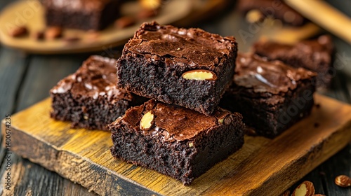 Obraz na płótnie Chocolate brownies with fudgy filling and almond topping, perfect for sharing w salonie