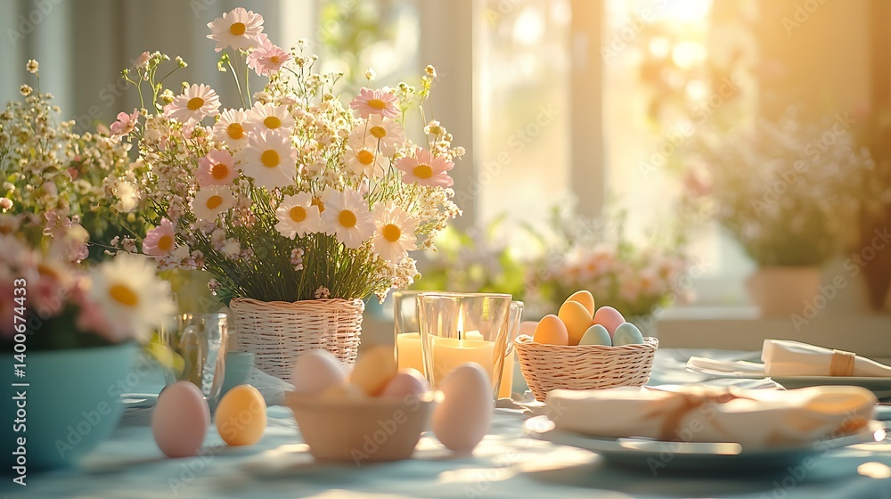 Paper-cut style Easter breakfast table set with folded napkins, floral centerpieces, candles in delicate holders, pastel colored eggs in small baskets,