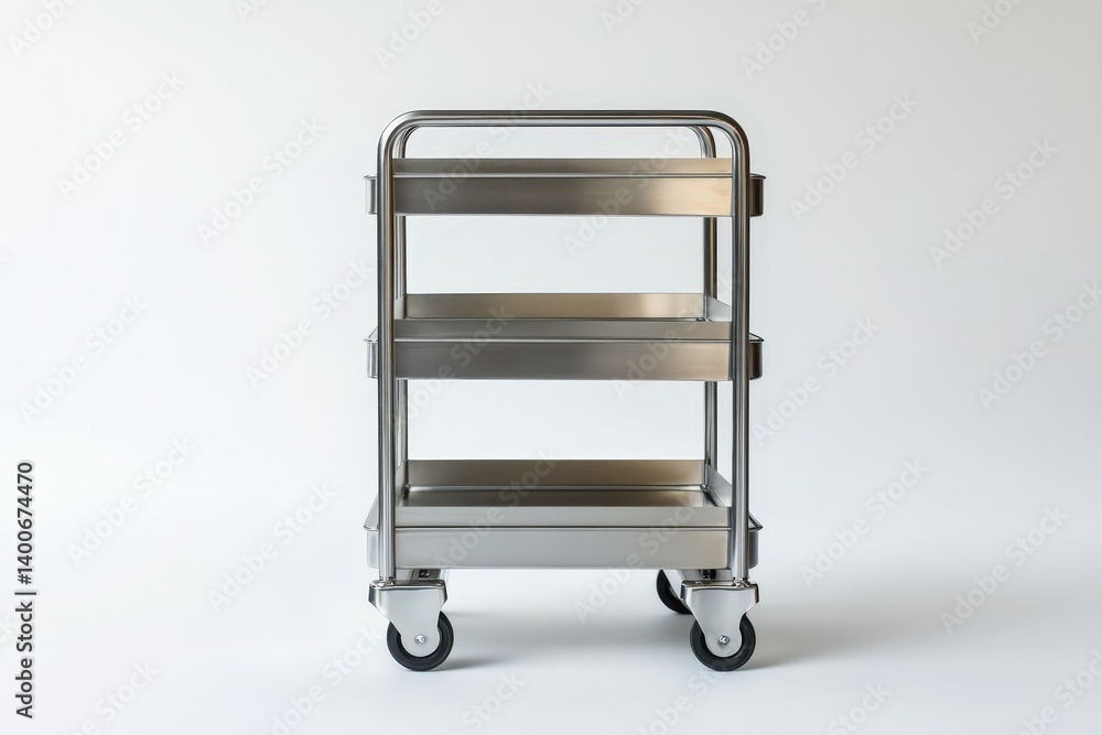A stainless steel three tiered rolling cart on a white background A stainless steel three tiered rolling cart on a white background