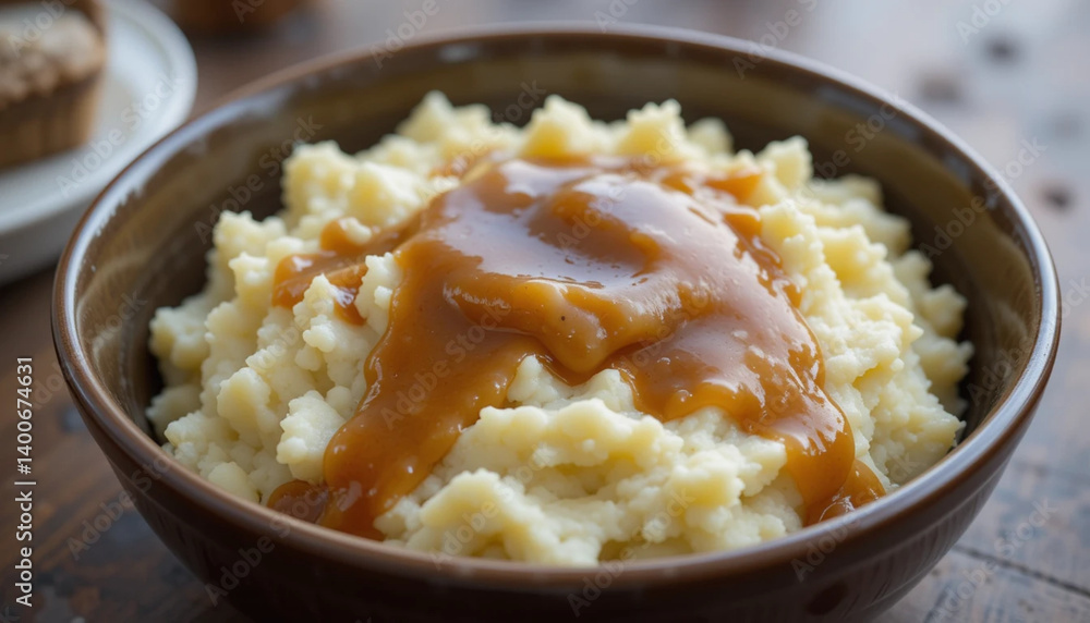 Mashed Potatoes with Gravy in a Bowl – A comforting serving of smooth mashed potatoes with brown gravy pooled on top. Mashed Potatoes with Gravy in a Bowl – A comforting serving of smooth mashed potatoes with brown gravy pooled on top.