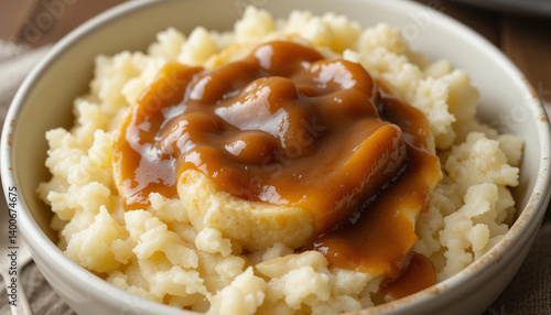 Mashed Potatoes with Gravy in a Bowl – A comforting serving of smooth mashed potatoes with brown gravy pooled on top.
