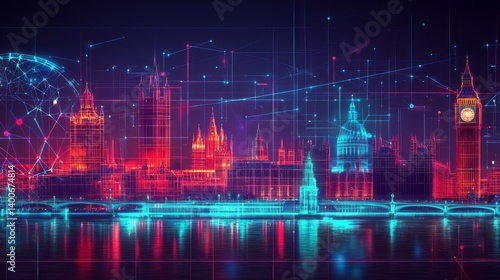 Futuristic neon wireframe of London skyline with glowing network nodes and digital reflections over the Thames. AI generative.