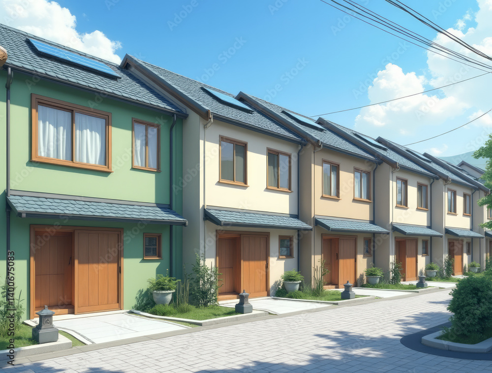 Row of Terraced Houses with Solar Panels Under Clear Blue Sky in Calming Tones Row of Terraced Houses with Solar Panels Under Clear Blue Sky in Calming Tones