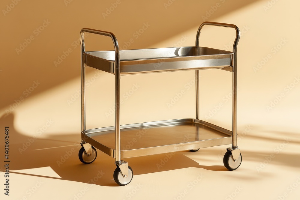 A stainless steel cart featuring two shelves and rolling wheels A stainless steel cart featuring two shelves and rolling wheels
