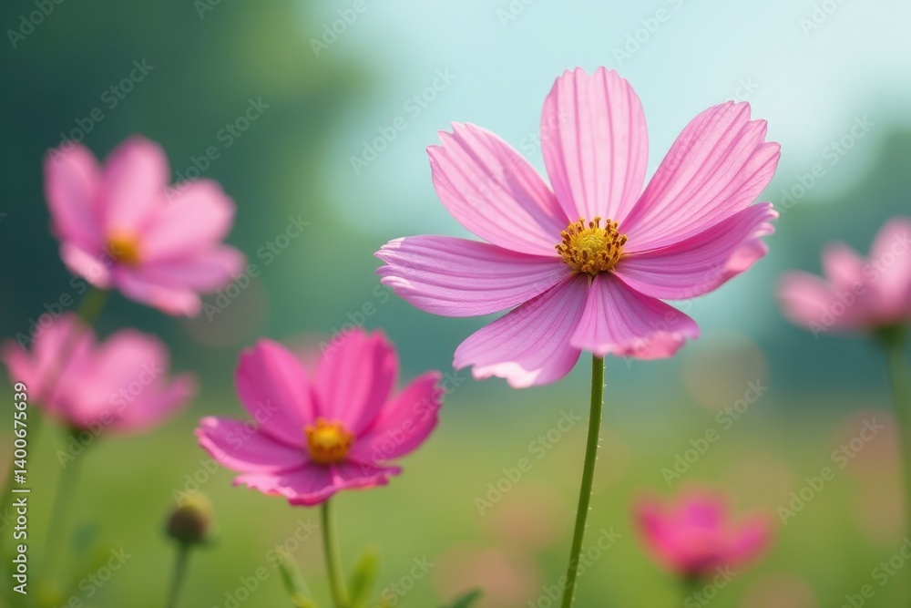 Delicate pink cosmos swaying gently in a summer breeze, pink, green, botanical Delicate pink cosmos swaying gently in a summer breeze, pink, green, botanical