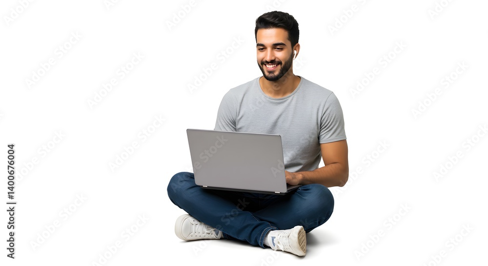 Man sitting cross legged using laptop on white background with earphones and a happy expression on his face Man sitting cross legged using laptop on white background with earphones and a happy expression on his face