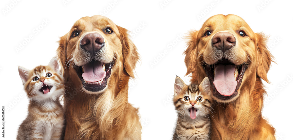 Fototapeta premium Dog and Kitten Duo - Charming golden retriever and tiny kitten sitting close with cute expressions. Ideal for social media, posters, and greeting cards.